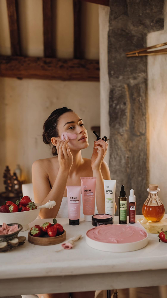 A lady applying skincare products on her face
